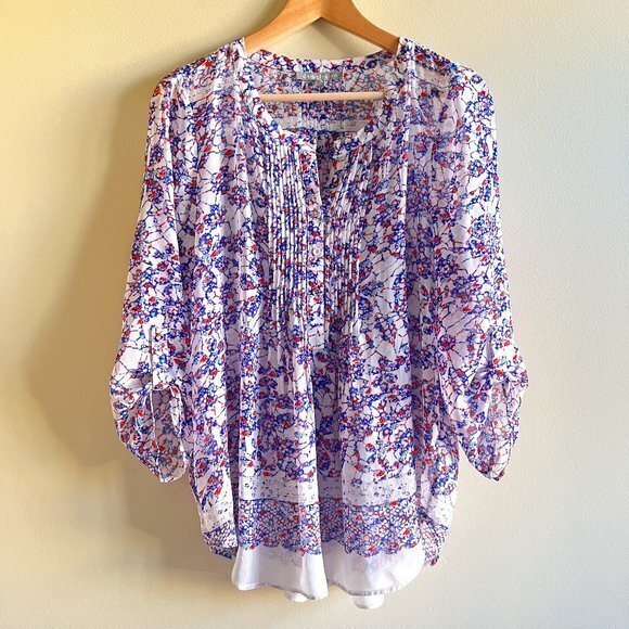 Daniel Rainn Size M Blue White Floral Semi Sheer Roll Tab Sleeve‎ Blouse Top - Picture 1 of 4